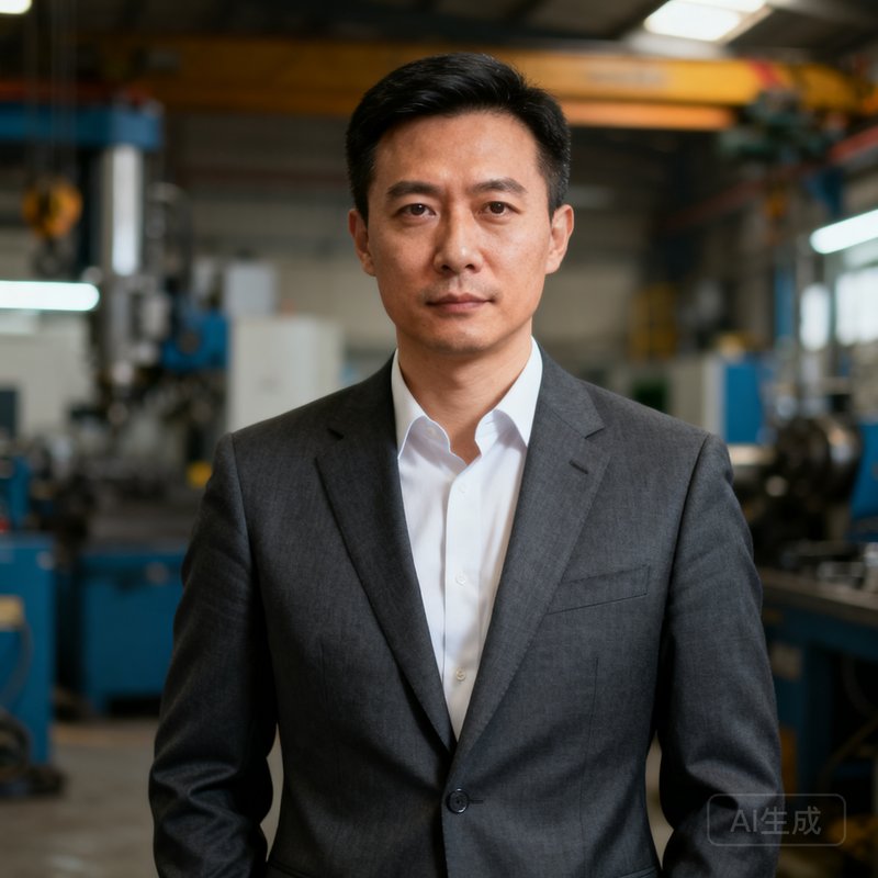 银河集团创始人兼CEO周明远先生半身肖像照，身着深灰色西装，眼神坚定而沉稳，背景虚化为工业车间，展现技术型企业家的务实气质。