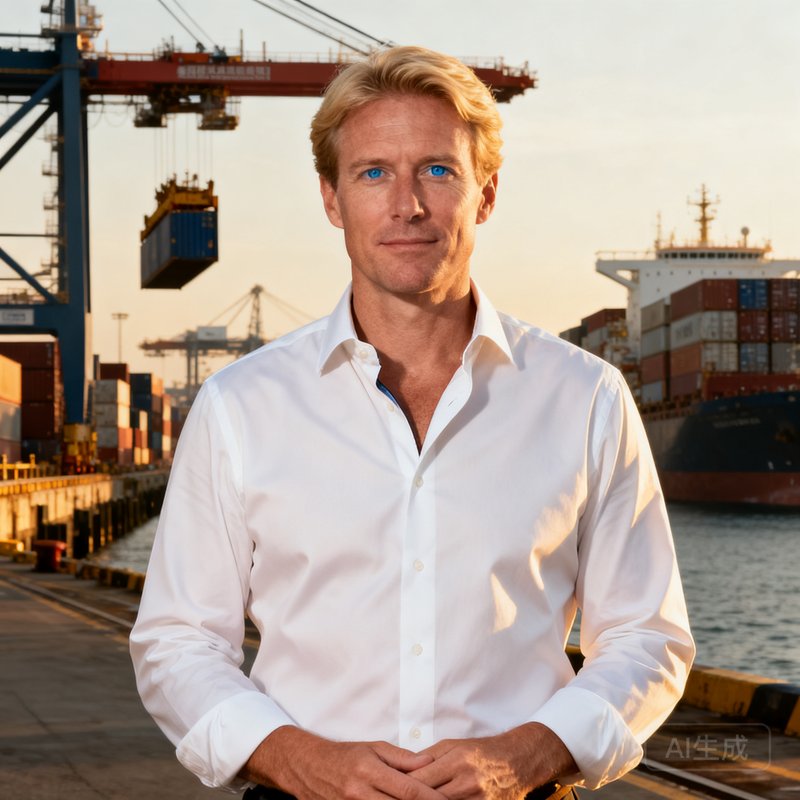 银河集团大宗商品贸易总裁James Carter半身肖像照，金发蓝眼，身着白衬衫，背景为繁忙的港口集装箱码头，体现其国际贸易领域的丰富经验。